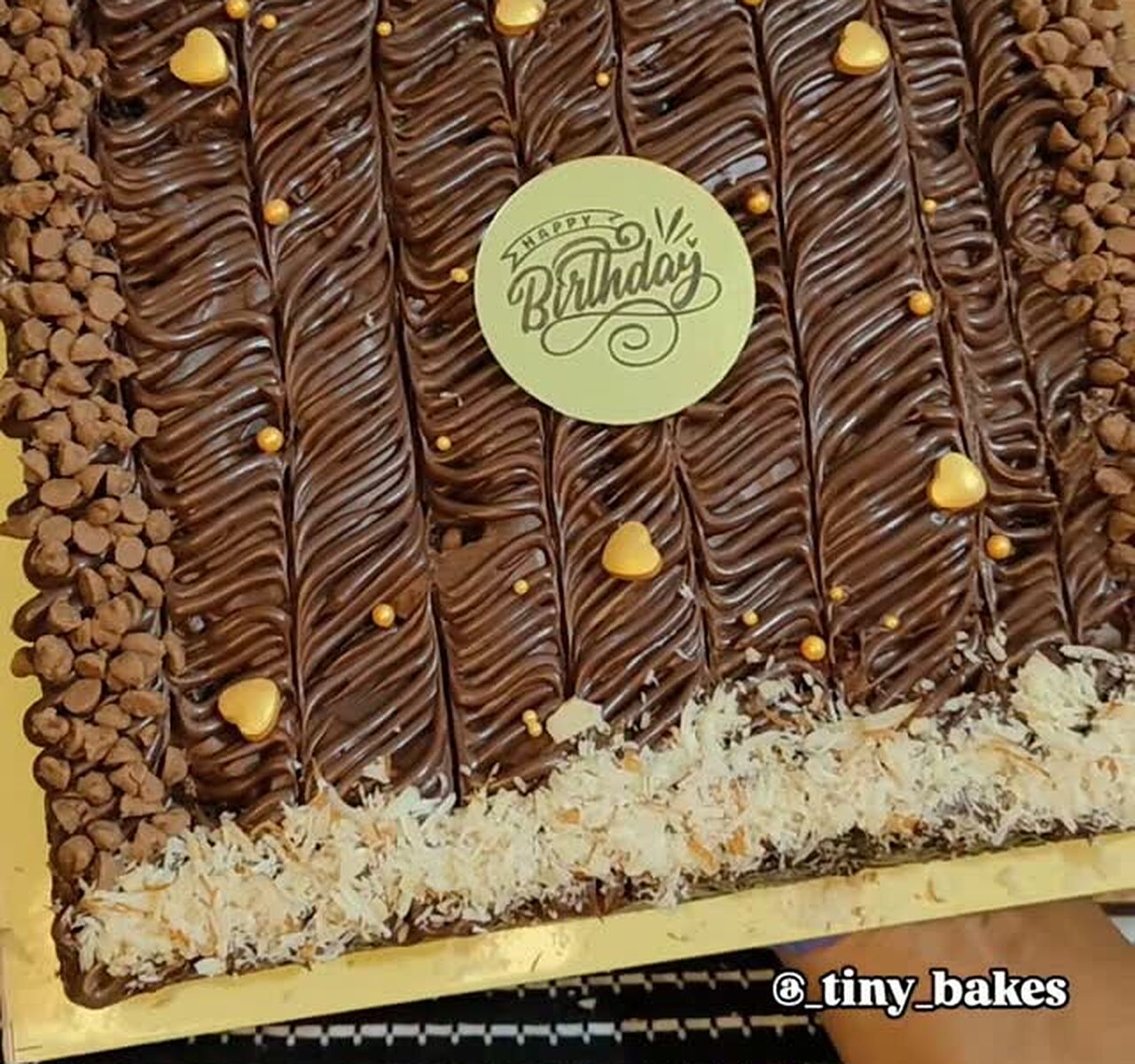 Birthday tray with chocolate drizzle, coconut edge and Happy Birthday topper