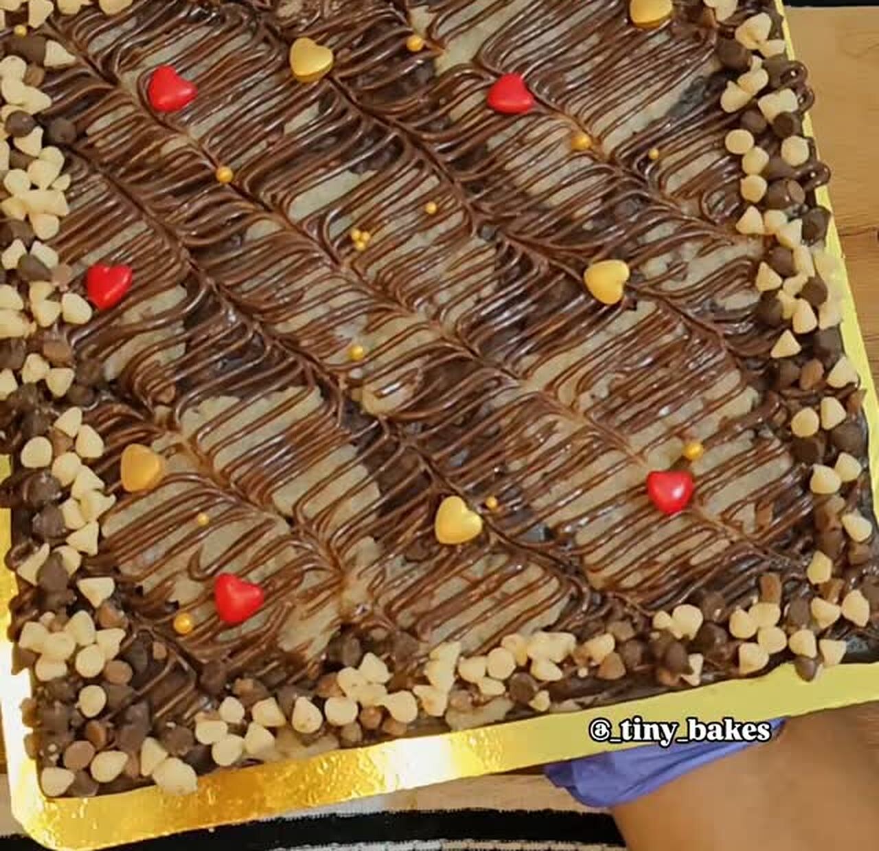 Chocolate celebration tray with heart-shaped chips and drizzle